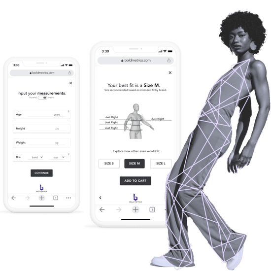 an image of a sizing interface next to a women with body data points