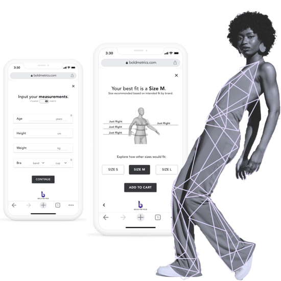 an image of a sizing interface next to a women with body data points an image of a sizing interface next to a women with body data points