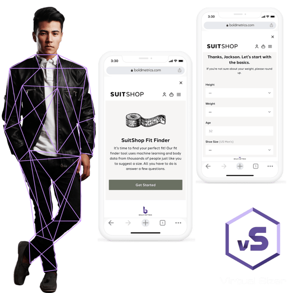 a man standing next to a bold metrics and suitshop virtual sizer experience