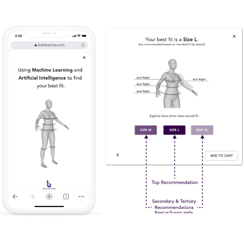 image of smart size chart interface with recommendations 