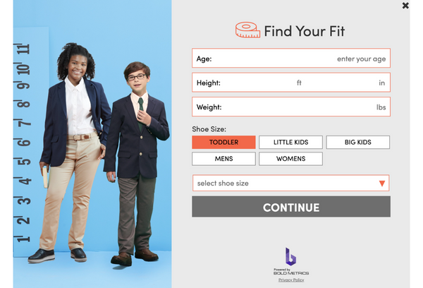 computer UI screen for sizing inputs next to two kids in school uniforms