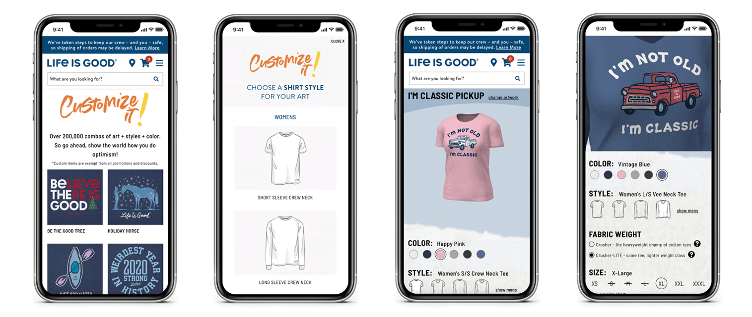 Mobile devices showing screenshots of how the customization tool is used to personalize tees