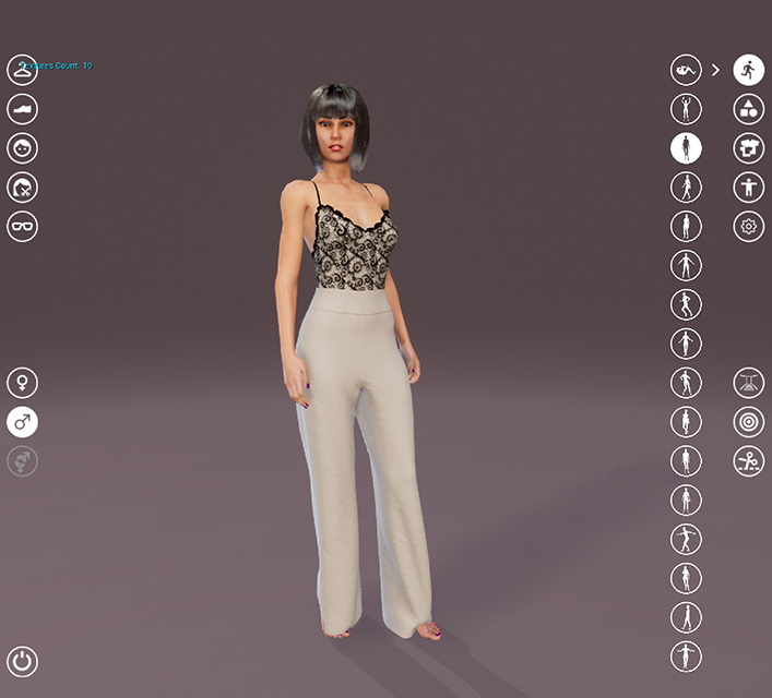 Image of a female avatar in pants and a camisole
